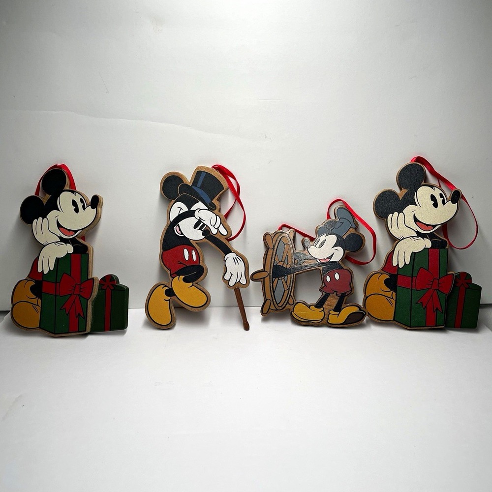 Vintage 1986 Walt Disney Set 4 Handcrafted Wood Mickey Ornaments Mint! See Desc